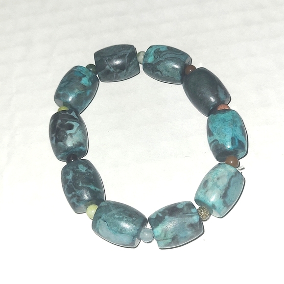 Bracelet blue black Fossil Stone and Jasper bead stretch cord - Picture 1 of 1